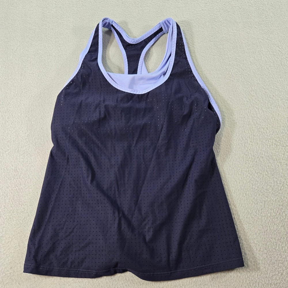 Athleta Tank Top Womens S Navy Blue Layered Racerback Mesh Built-in Bra Active